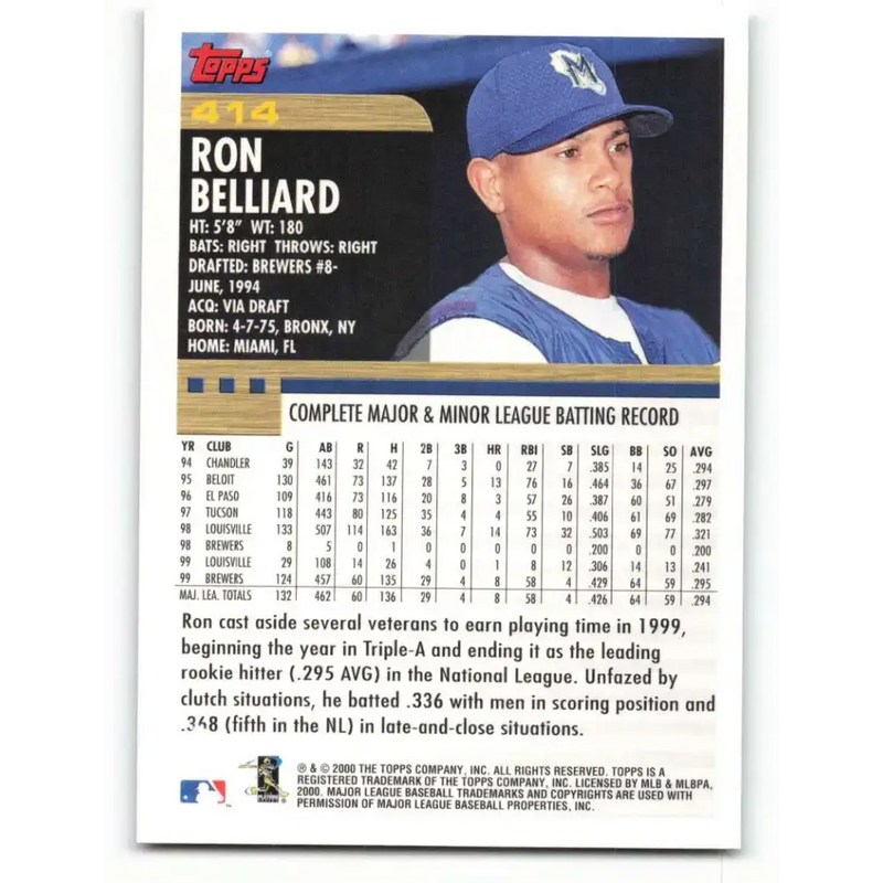 2000 Topps #414 Ronnie Belliard EX Excellent Milwaukee Brewers Baseball Card - Baseball Card Single