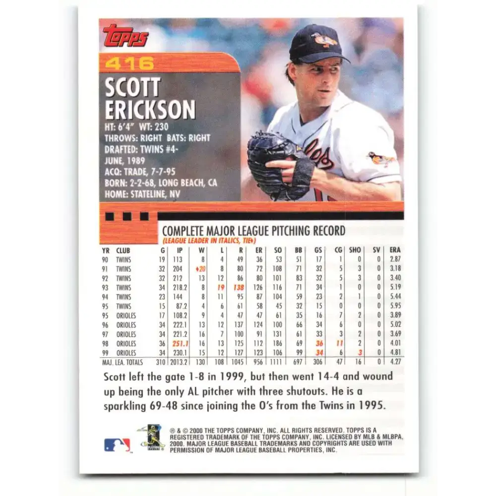 2000 Topps #416 Scott Erickson EX Excellent Baltimore Orioles Baseball Card - Baseball Card Single