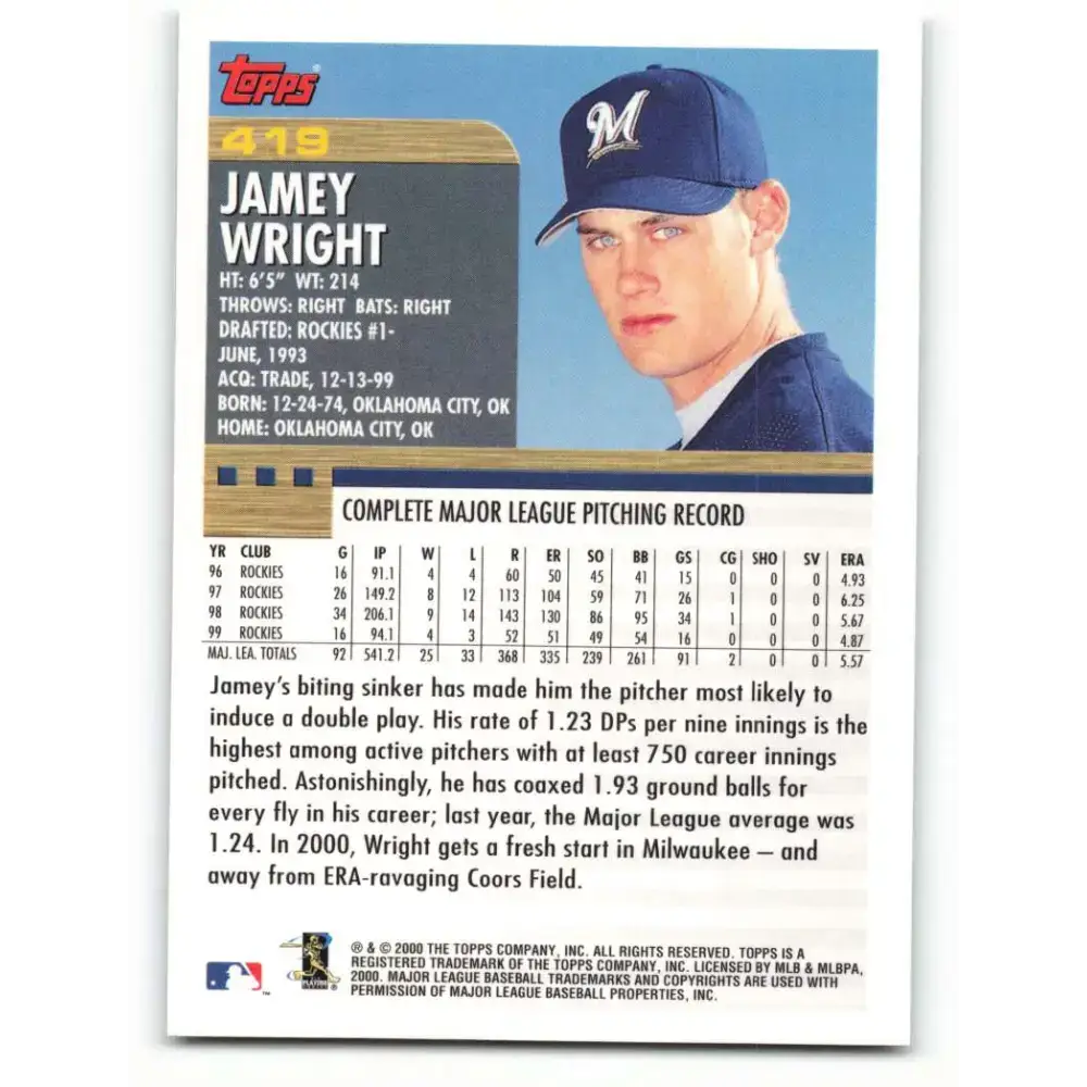 2000 Topps #419 Jamey Wright EX Excellent Milwaukee Brewers Baseball Card - Baseball Card Single