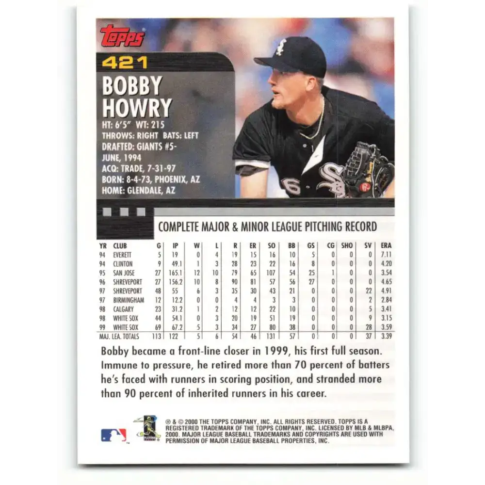 2000 Topps #421 Bobby Howry EX Excellent Chicago White Sox Baseball Card - Baseball Card Single