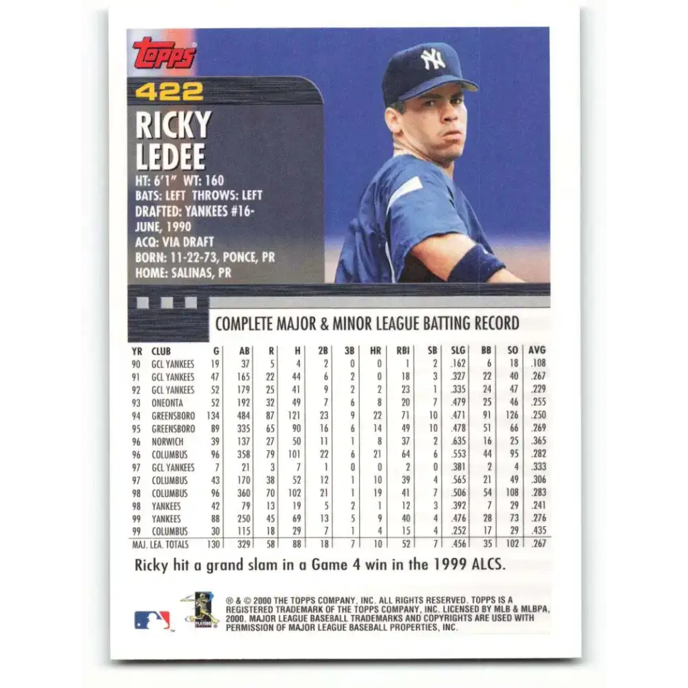 2000 Topps #422 Ricky Ledee EX Excellent New York Yankees Baseball Card - Baseball Card Single