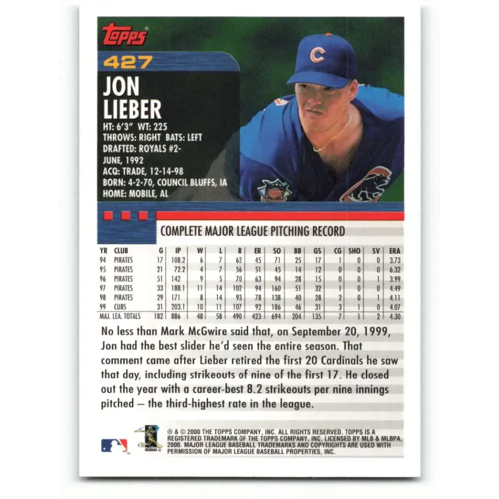 2000 Topps #427 Jon Lieber EX Excellent Chicago Cubs Baseball Card - Baseball Card Single