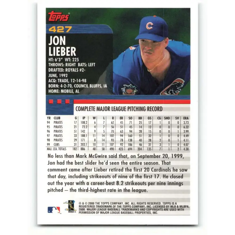 2000 Topps #427 Jon Lieber EX Excellent Chicago Cubs Baseball Card - Baseball Card Single