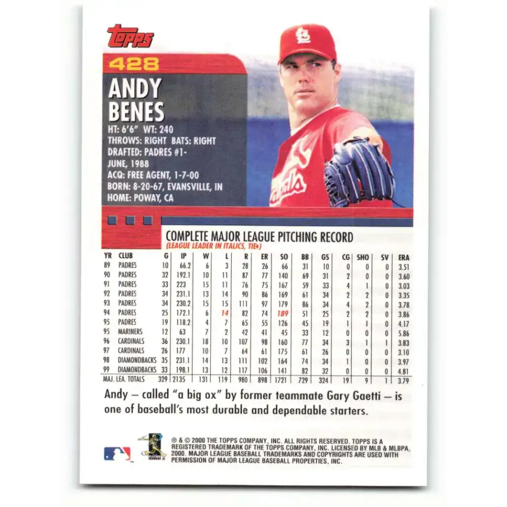2000 Topps #428 Andy Benes EX Excellent St. Louis Cardinals Baseball Card - Baseball Card Single
