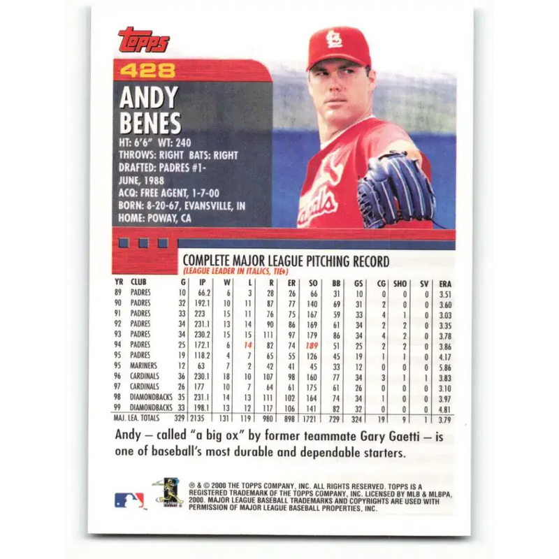 2000 Topps #428 Andy Benes EX Excellent St. Louis Cardinals Baseball Card - Baseball Card Single