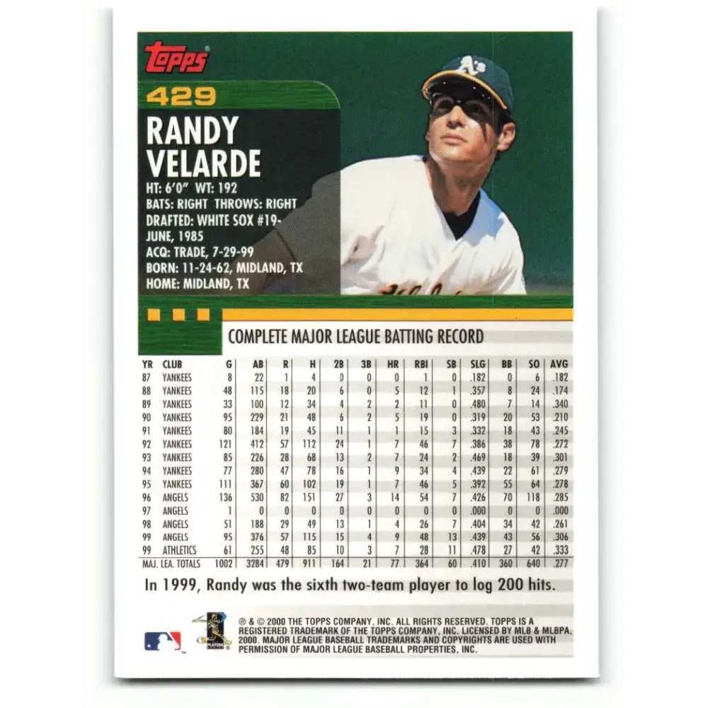 2000 Topps #429 Randy Velarde EX Excellent Oakland Athletics Baseball Card - Baseball Card Single