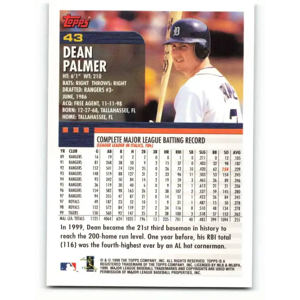 2000 Topps #43 Dean Palmer EX Excellent Detroit Tigers Baseball Card - Baseball Card Single