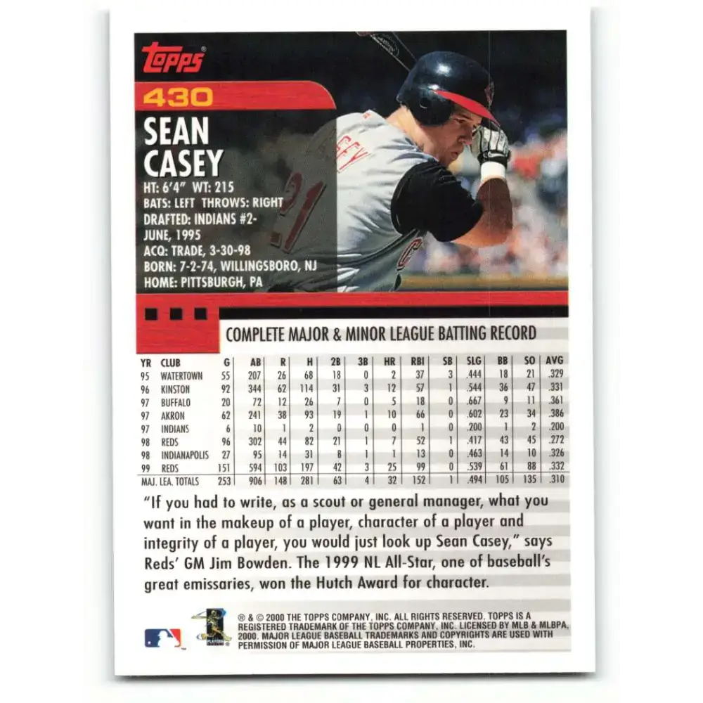 2000 Topps #430 Sean Casey EX Excellent Cincinnati Reds Baseball Card - Baseball Card Single