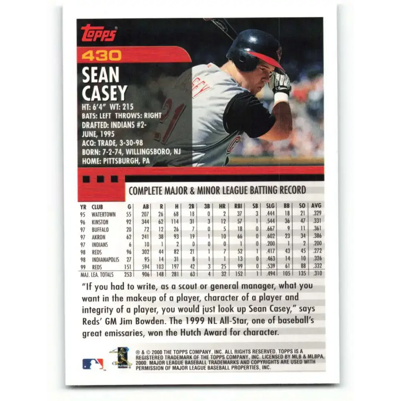 2000 Topps #430 Sean Casey EX Excellent Cincinnati Reds Baseball Card - Baseball Card Single