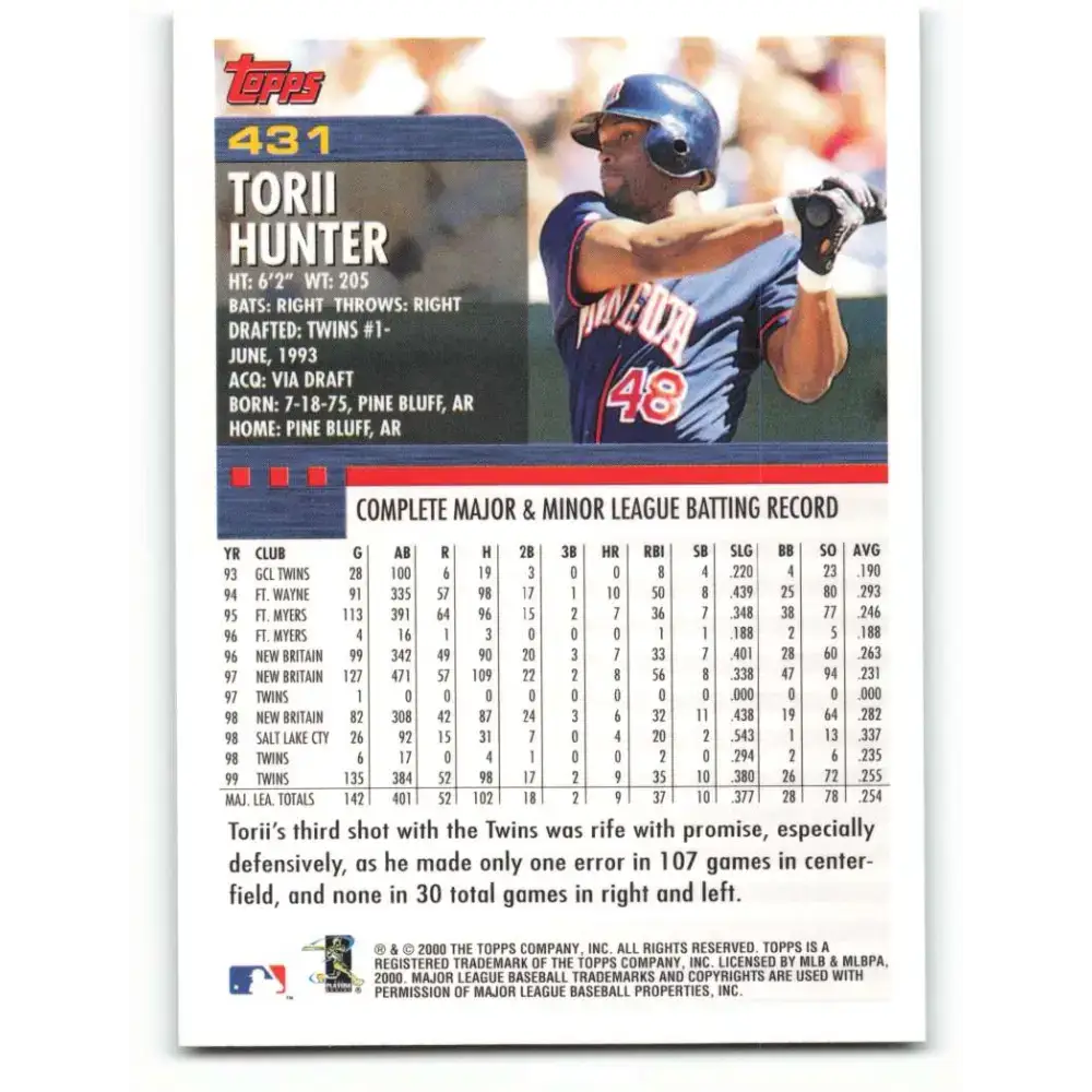 2000 Topps #431 Torii Hunter EX Excellent Minnesota Twins Baseball Card - Baseball Card Single