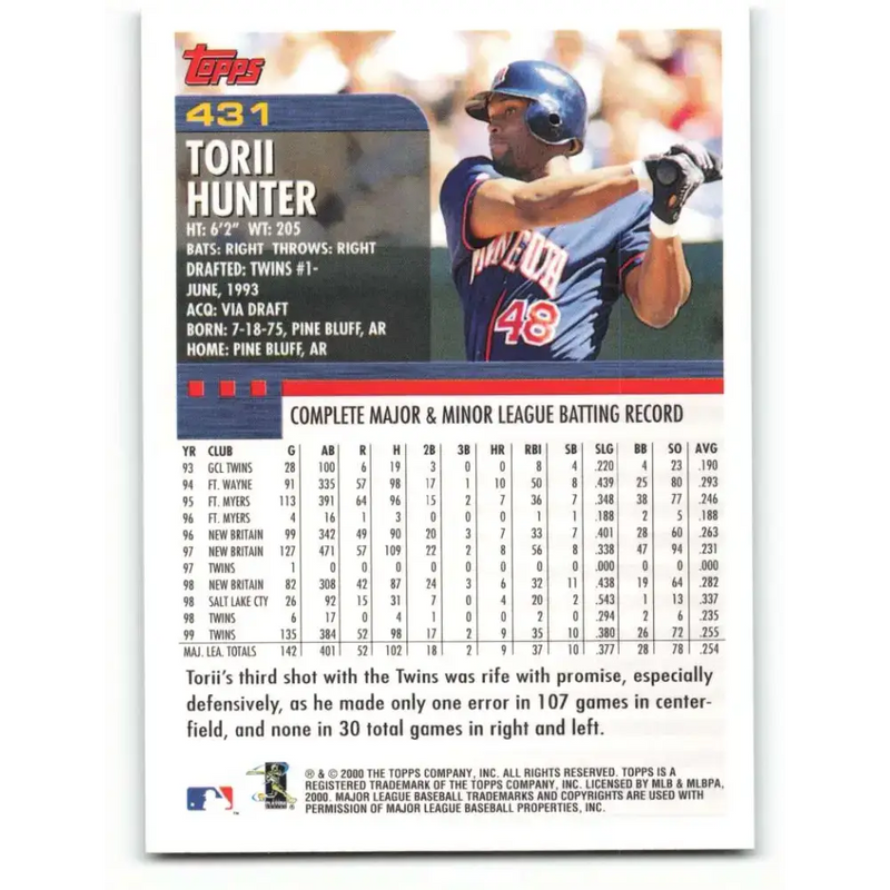 2000 Topps #431 Torii Hunter EX Excellent Minnesota Twins Baseball Card - Baseball Card Single