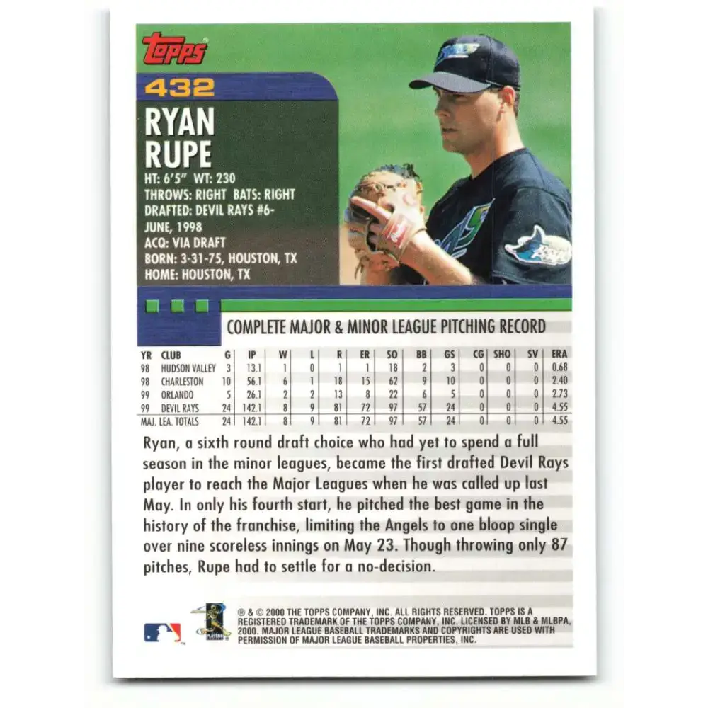 2000 Topps #432 Ryan Rupe EX Excellent Tampa Bay Devil Rays Baseball Card - Baseball Card Single