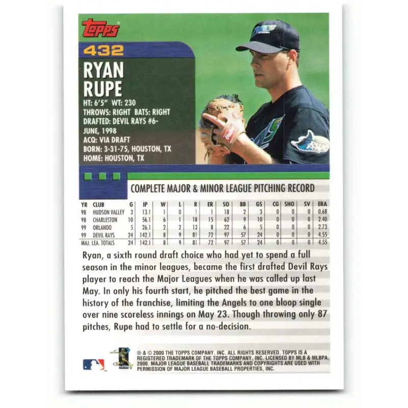 2000 Topps #432 Ryan Rupe EX Excellent Tampa Bay Devil Rays Baseball Card - Baseball Card Single