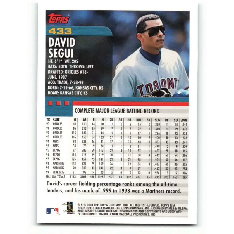 2000 Topps #433 David Segui EX Excellent Toronto Blue Jays Baseball Card - Baseball Card Single