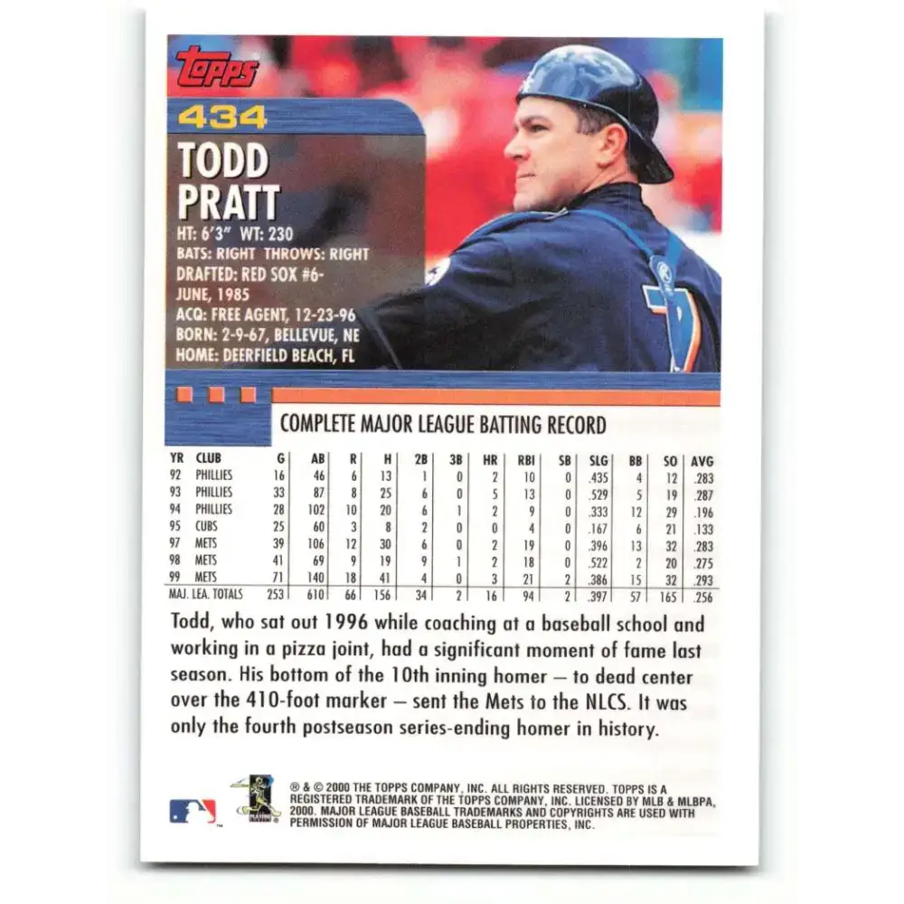 2000 Topps #434 Todd Pratt EX Excellent New York Mets Baseball Card - Baseball Card Single