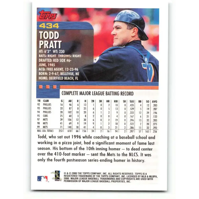 2000 Topps #434 Todd Pratt EX Excellent New York Mets Baseball Card - Baseball Card Single