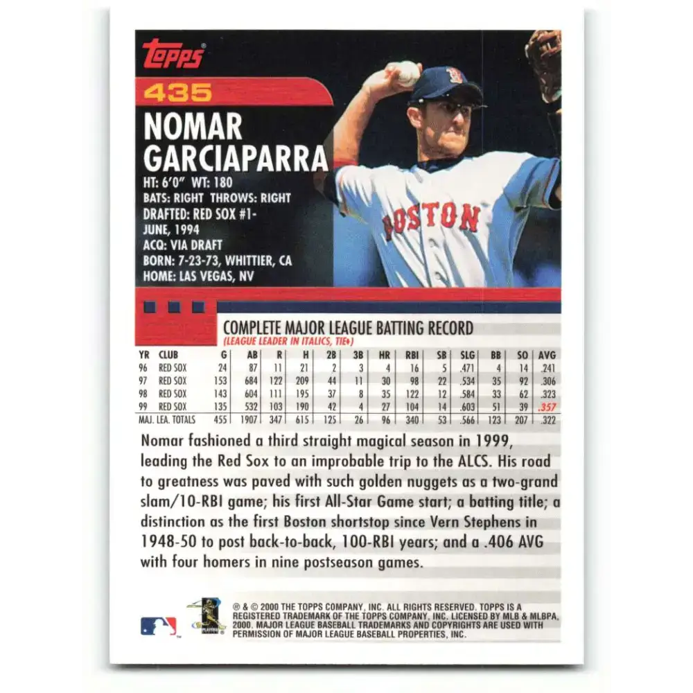 2000 Topps #435 Nomar Garciaparra EX Excellent Boston Red Sox Baseball Card - Baseball Card Single