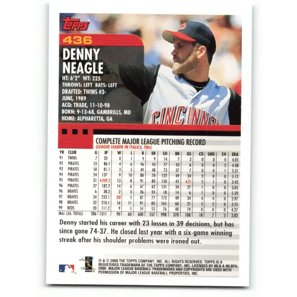 2000 Topps #436 Denny Neagle EX Excellent Cincinnati Reds Baseball Card - Baseball Card Single