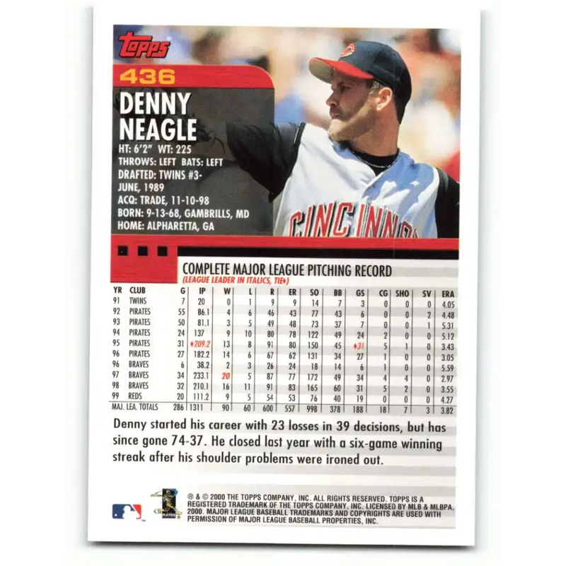 2000 Topps #436 Denny Neagle EX Excellent Cincinnati Reds Baseball Card - Baseball Card Single