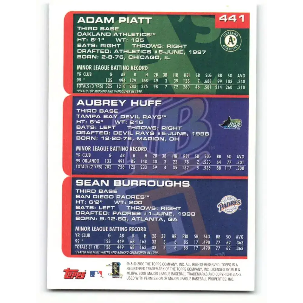 2000 Topps #441 Adam Piatt/Aubrey Huff/Sean Burroughs EX Excellent San Diego Padres/Chicago White Sox/Tampa Bay Devil