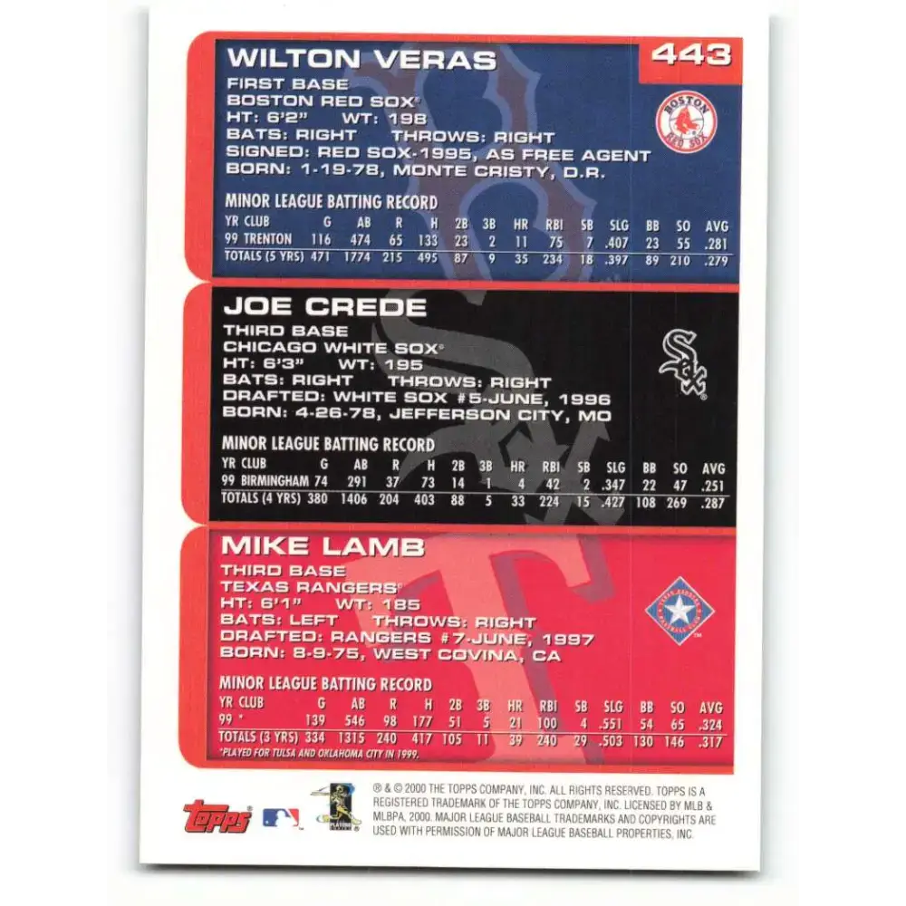 2000 Topps #443 Wilton Veras/Joe Crede/Mike Lamb EX Excellent RC Rookie Texas Rangers/Chicago White Sox/Boston Red Sox