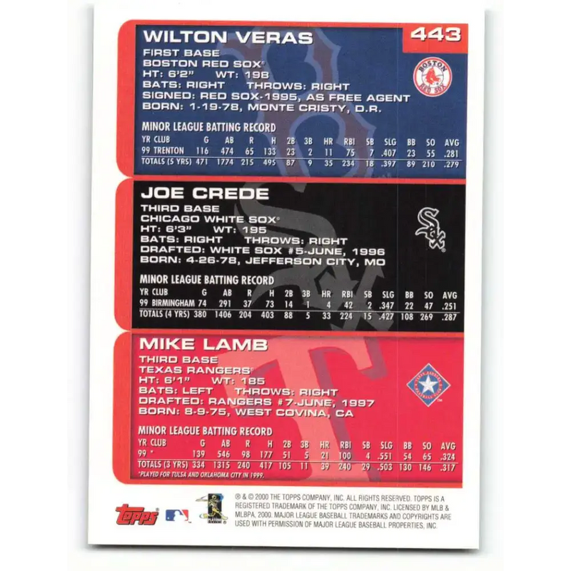 2000 Topps #443 Wilton Veras/Joe Crede/Mike Lamb EX Excellent RC Rookie Texas Rangers/Chicago White Sox/Boston Red Sox
