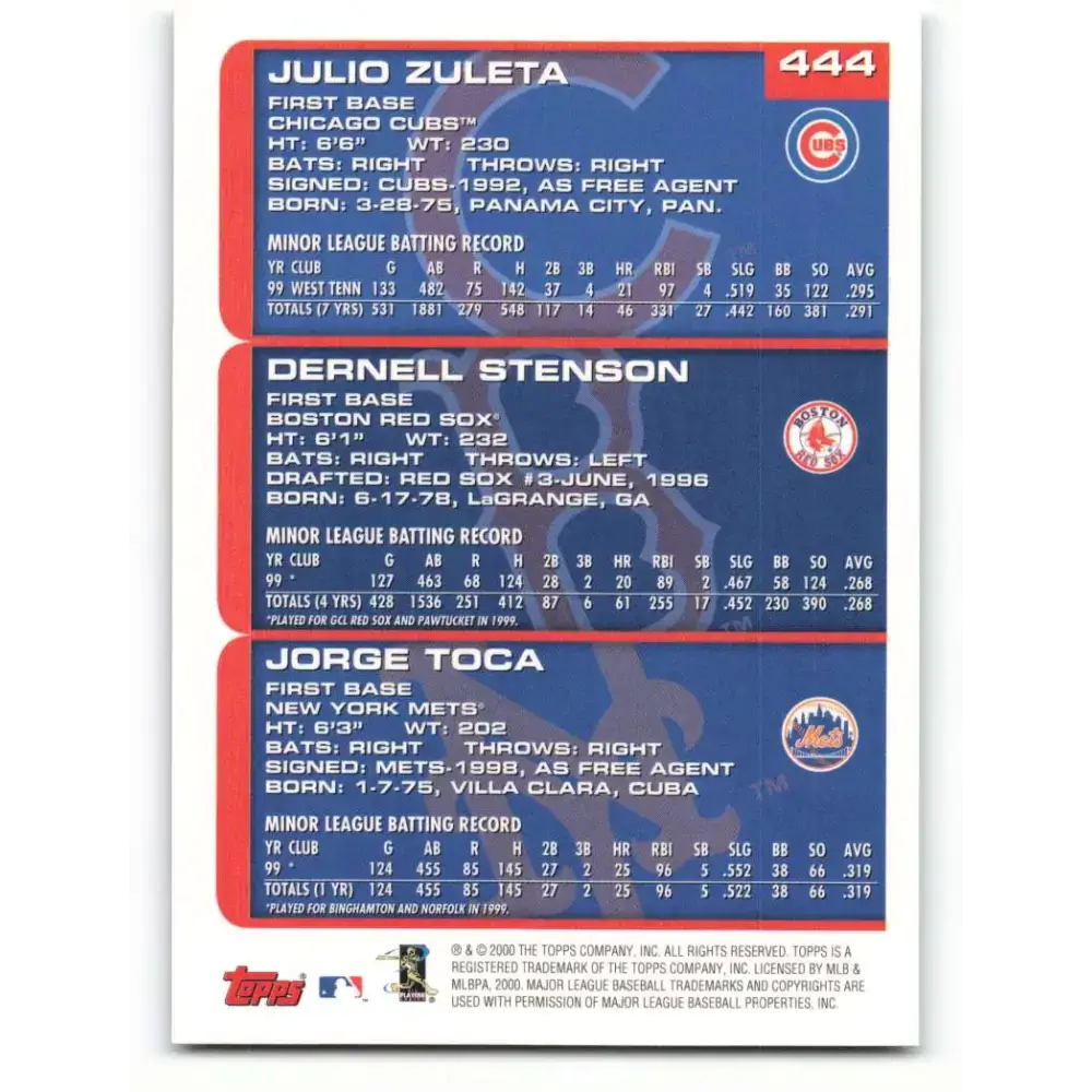 2000 Topps #444 Julio Zuleta/Dernell Stenson/Jorge Toca EX Excellent RC Rookie Chicago Cubs/Boston Red Sox/New York