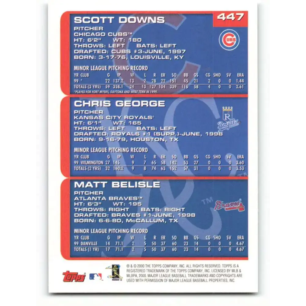 2000 Topps #447 Scott Downs/Chris George/Matt Belisle EX Excellent RC Rookie Chicago Cubs/Kansas City Royals/Atlanta