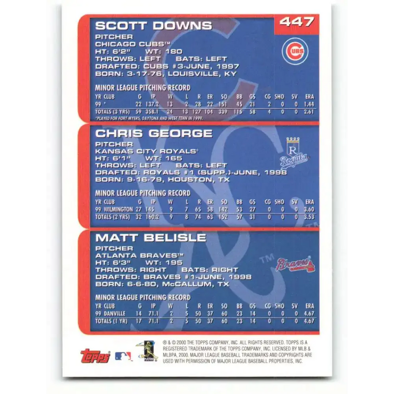 2000 Topps #447 Scott Downs/Chris George/Matt Belisle EX Excellent RC Rookie Chicago Cubs/Kansas City Royals/Atlanta