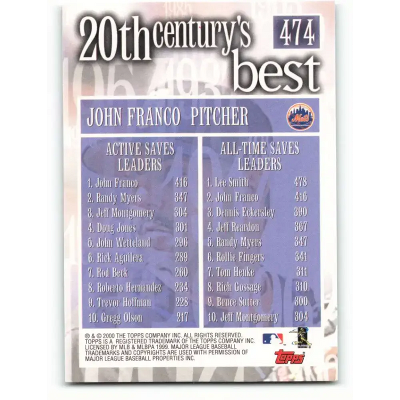 2000 Topps #474 John Franco EX Excellent New York Mets Baseball Card - Baseball Card Single