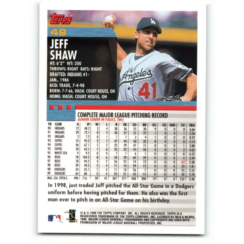 2000 Topps #49 Jeff Shaw EX Excellent Los Angeles Dodgers Baseball Card - Baseball Card Single