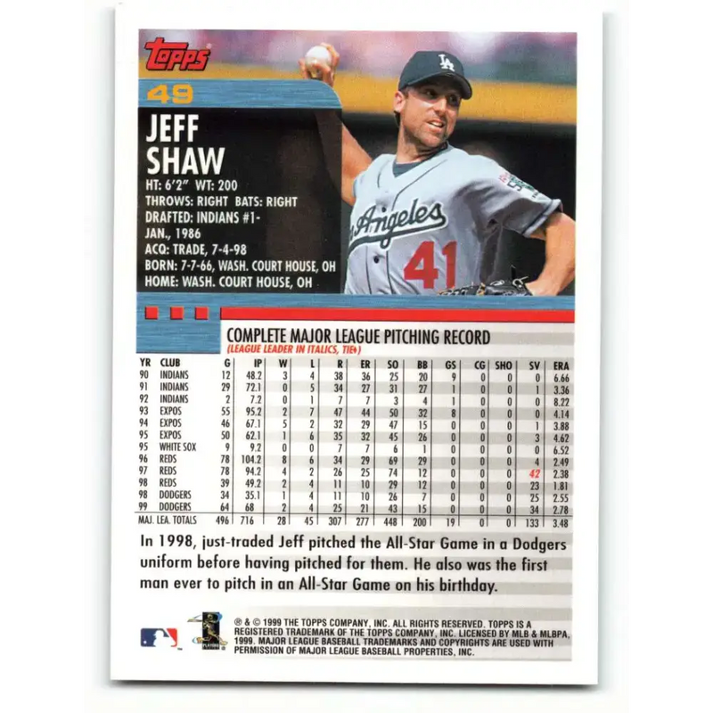 2000 Topps #49 Jeff Shaw EX Excellent Los Angeles Dodgers Baseball Card - Baseball Card Single