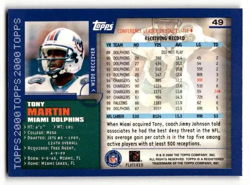 Original gloss Tony Martin Miami Dolphins football card from 2000 Topps #49