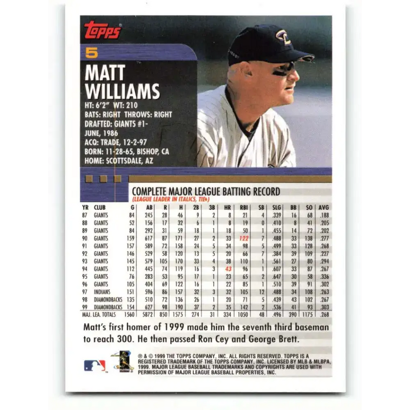 2000 Topps #5 Matt Williams EX Excellent Arizona Diamondbacks Baseball Card - Baseball Card Single