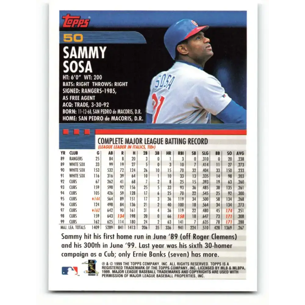 2000 Topps #50 Sammy Sosa EX Excellent Chicago Cubs Baseball Card - Baseball Card Single