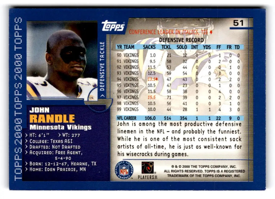 2000 Topps #51 John Randle - Football Card Single