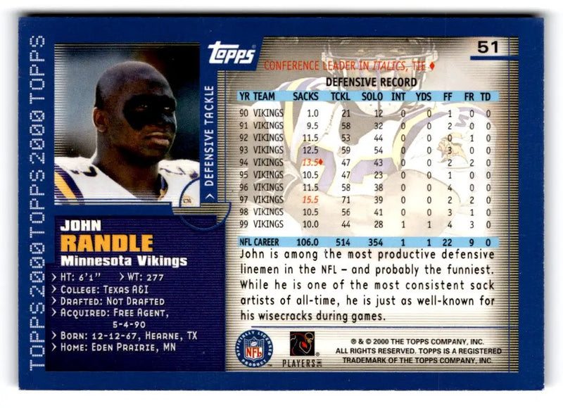 2000 Topps #51 John Randle - Football Card Single