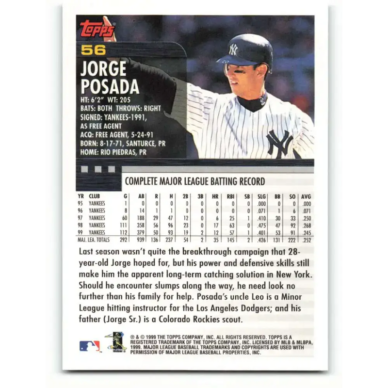 2000 Topps #56 Jorge Posada EX Excellent New York Yankees Baseball Card - Baseball Card Single
