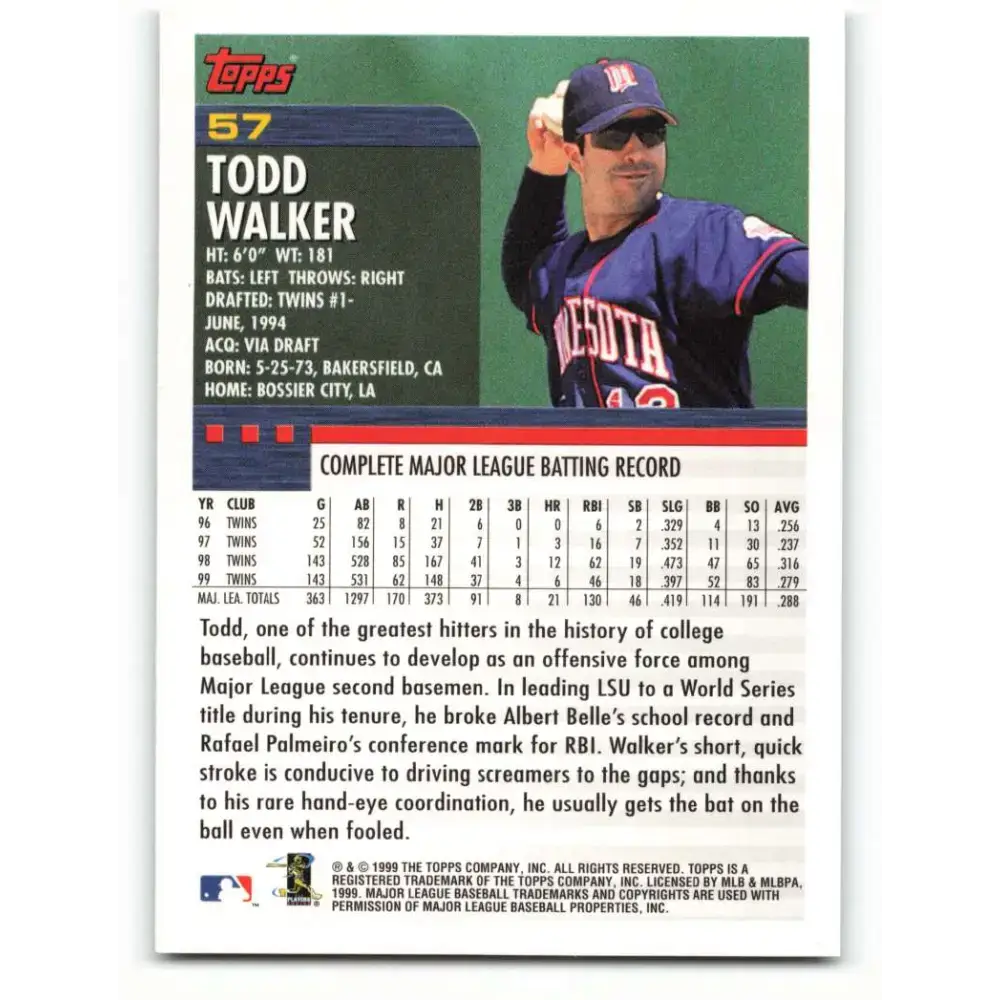 2000 Topps #57 Todd Walker EX Excellent Minnesota Twins Baseball Card - Baseball Card Single