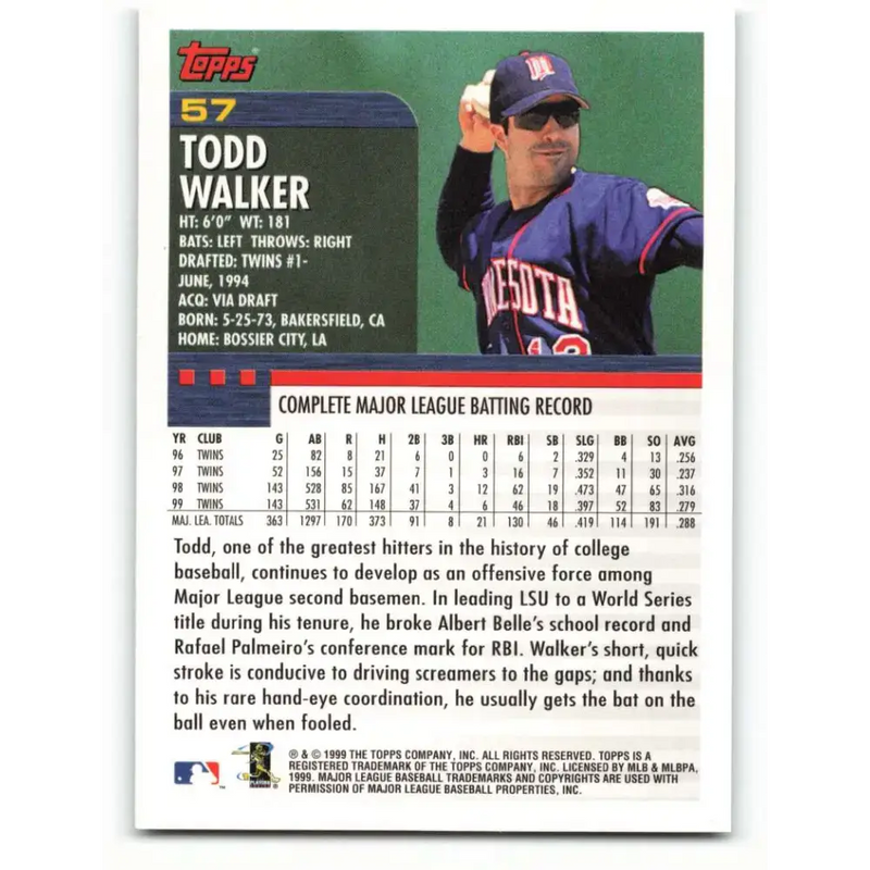2000 Topps #57 Todd Walker EX Excellent Minnesota Twins Baseball Card - Baseball Card Single