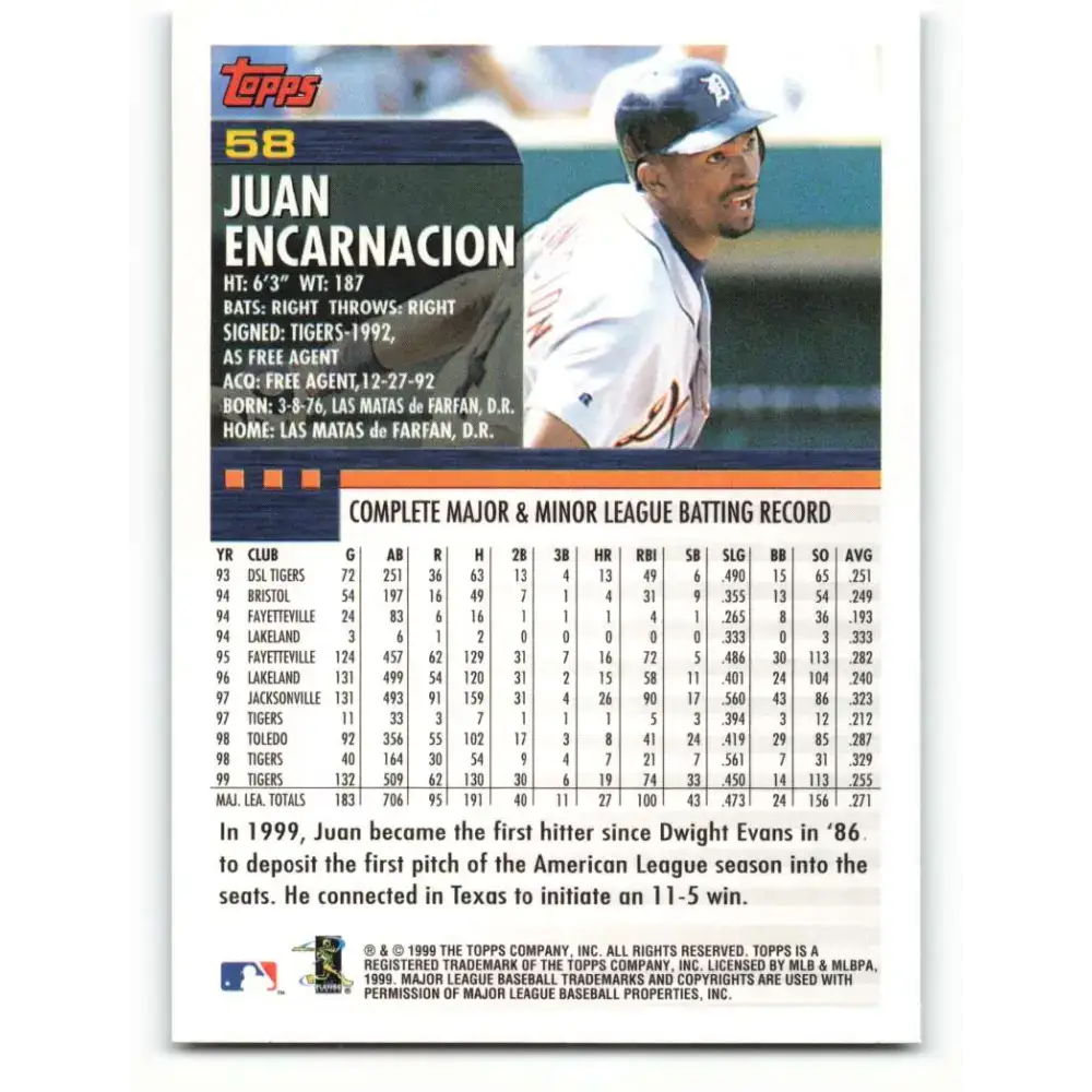 2000 Topps #58 Juan Encarnacion EX Excellent Detroit Tigers Baseball Card - Baseball Card Single