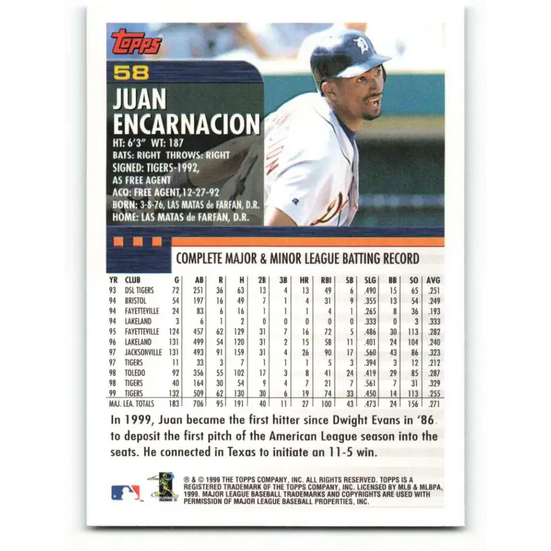 2000 Topps #58 Juan Encarnacion EX Excellent Detroit Tigers Baseball Card - Baseball Card Single