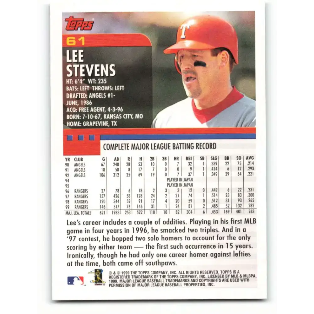 2000 Topps #61 Lee Stevens EX Excellent Texas Rangers Baseball Card - Baseball Card Single
