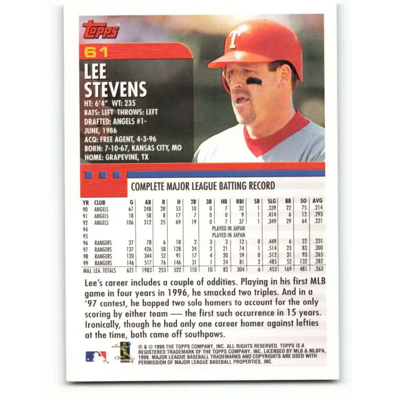2000 Topps #61 Lee Stevens EX Excellent Texas Rangers Baseball Card - Baseball Card Single