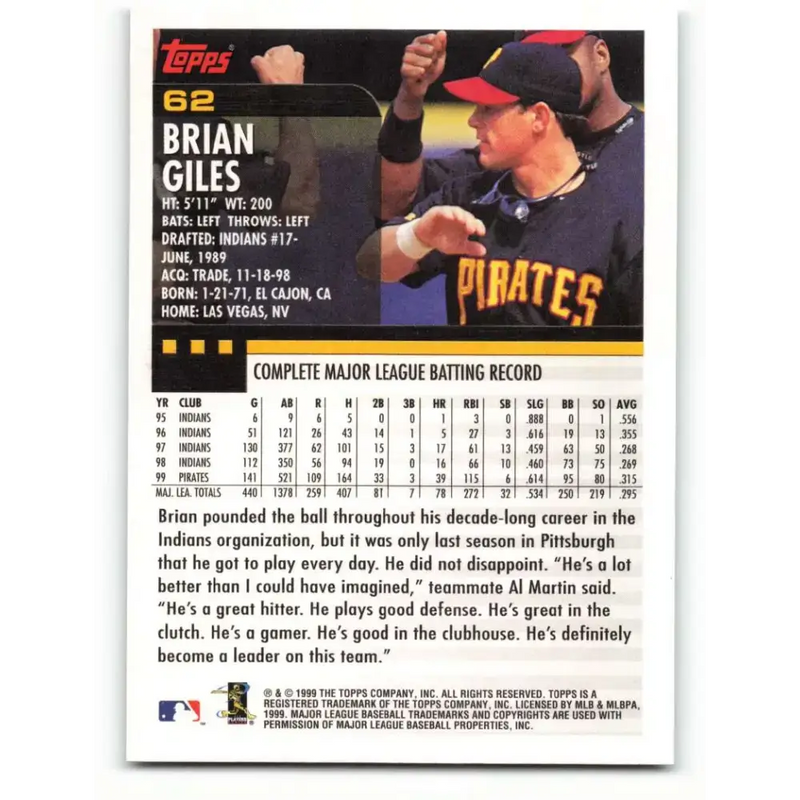 2000 Topps #62 Brian Giles EX Excellent Pittsburgh Pirates Baseball Card - Baseball Card Single