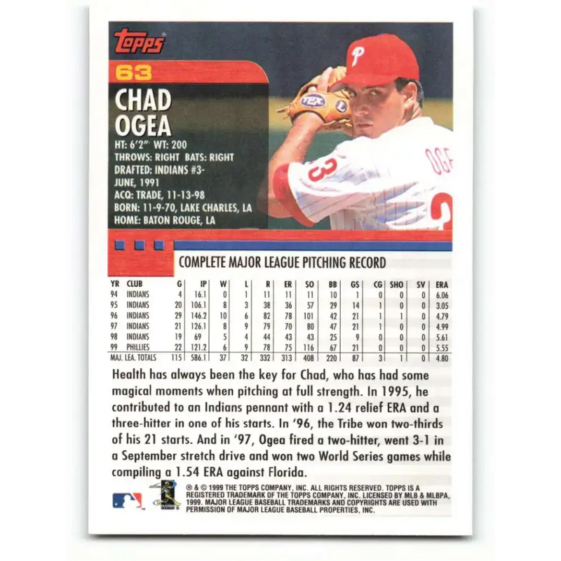 2000 Topps #63 Chad Ogea EX Excellent Philadelphia Phillies Baseball Card - Baseball Card Single