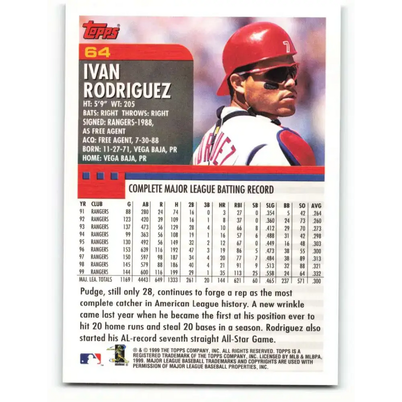 2000 Topps #64 Ivan Rodriguez EX Excellent Texas Rangers Baseball Card - Baseball Card Single