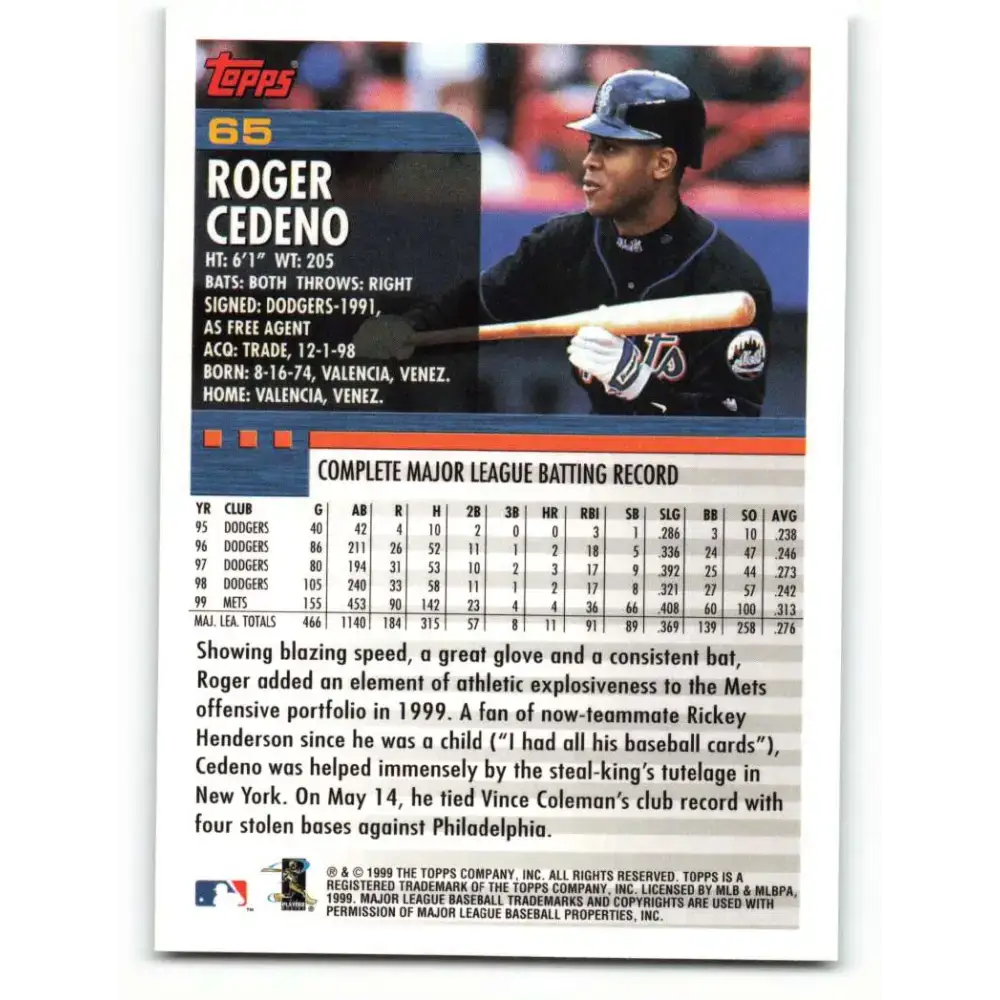 2000 Topps #65 Roger Cedeno EX Excellent New York Mets Baseball Card - Baseball Card Single