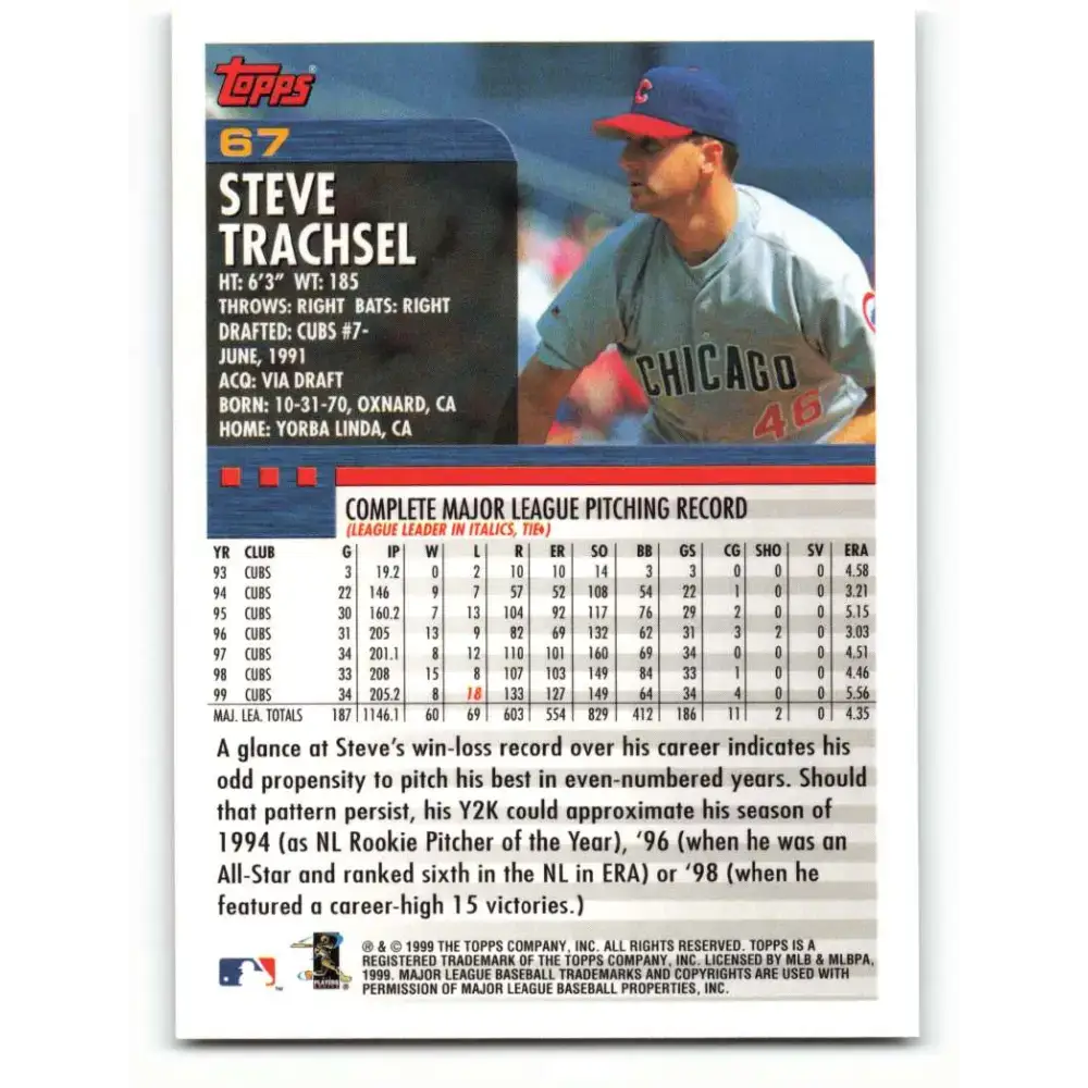 2000 Topps #67 Steve Trachsel EX Excellent Chicago Cubs Baseball Card - Baseball Card Single