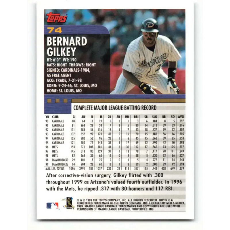 2000 Topps #74 Bernard Gilkey EX Excellent Arizona Diamondbacks Baseball Card - Baseball Card Single